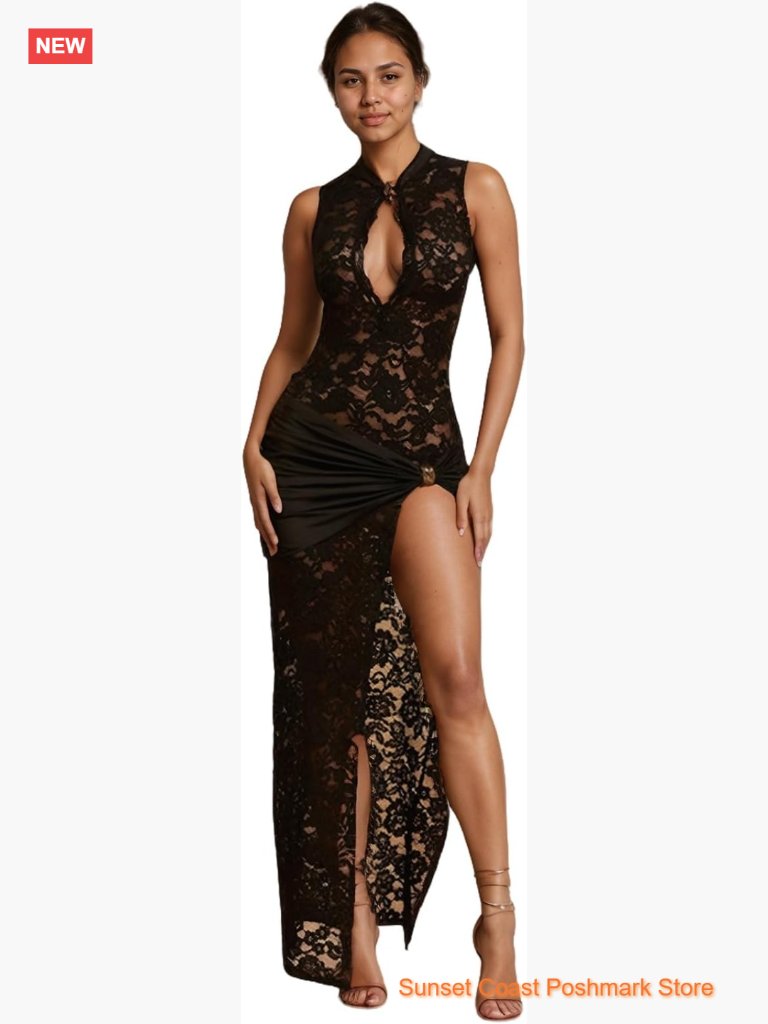 Black Lace Sheer Maxi Dress Bodycon High Slit Keyhole Neck Sleeveless Party Wear